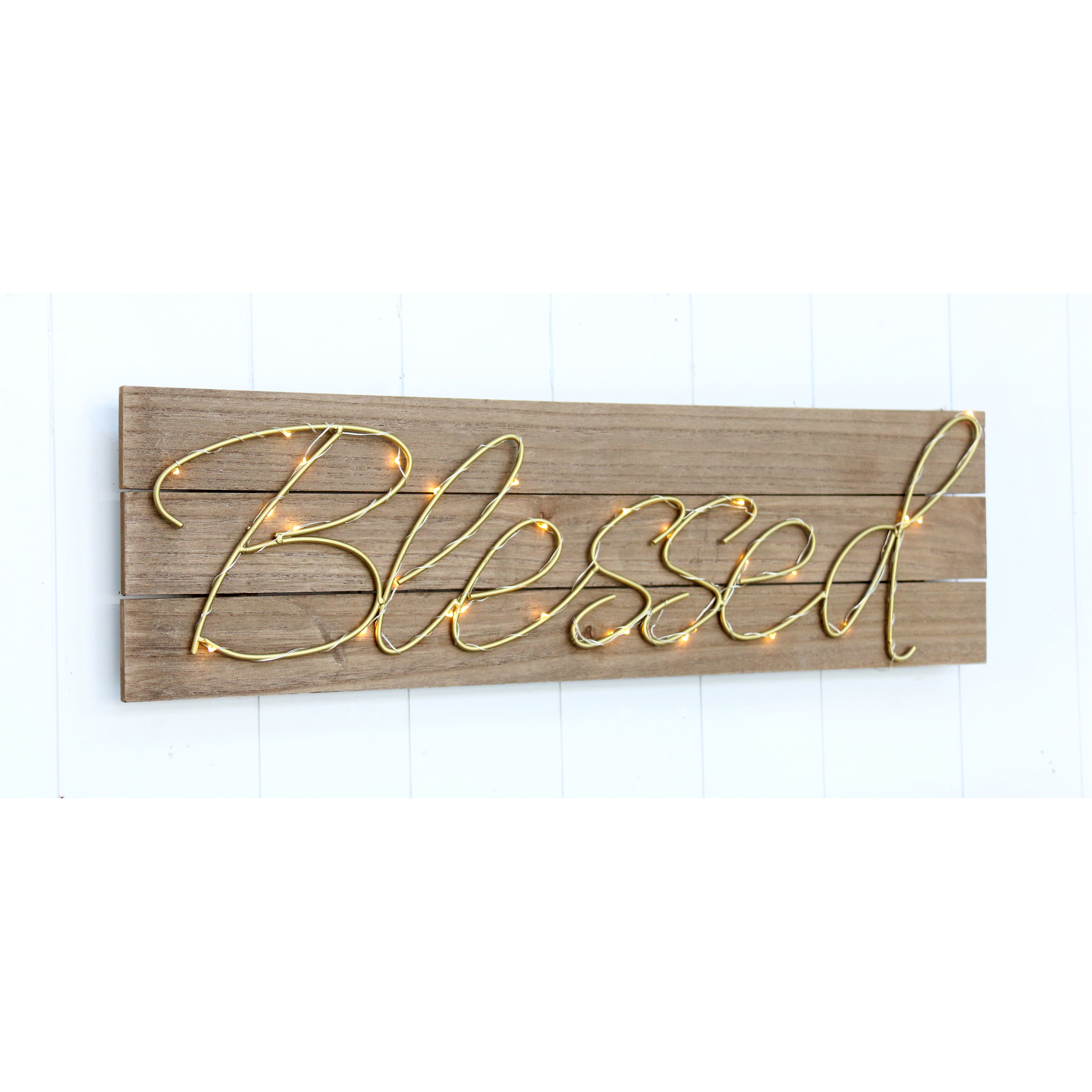 FU-20708  Wood plaque with wire BLESSED LED 58x17cm