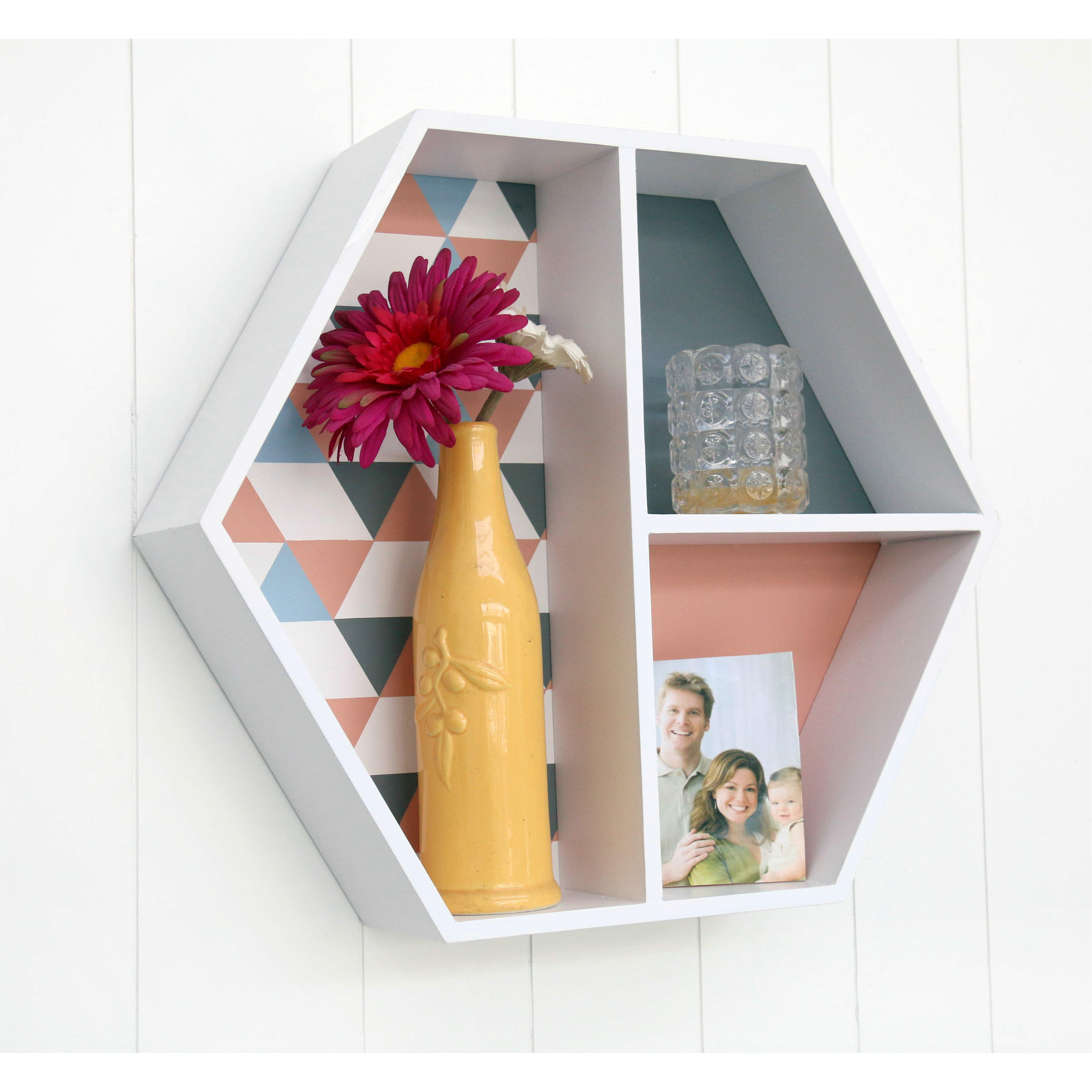 FU-20715  Wood hexagonal wall shelf  44x9.5x38.5cm