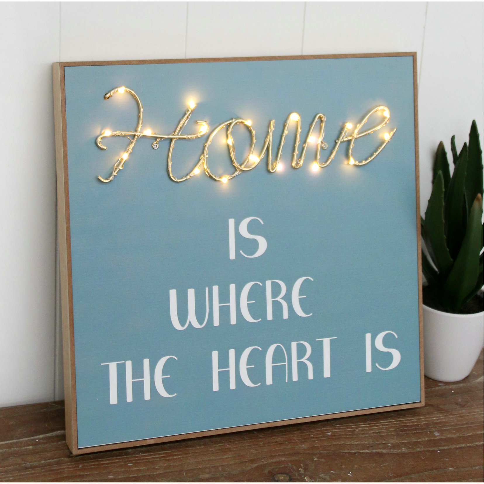 FU-21255  Wood plaque with wire LED decoration 30x30x3.5cm
