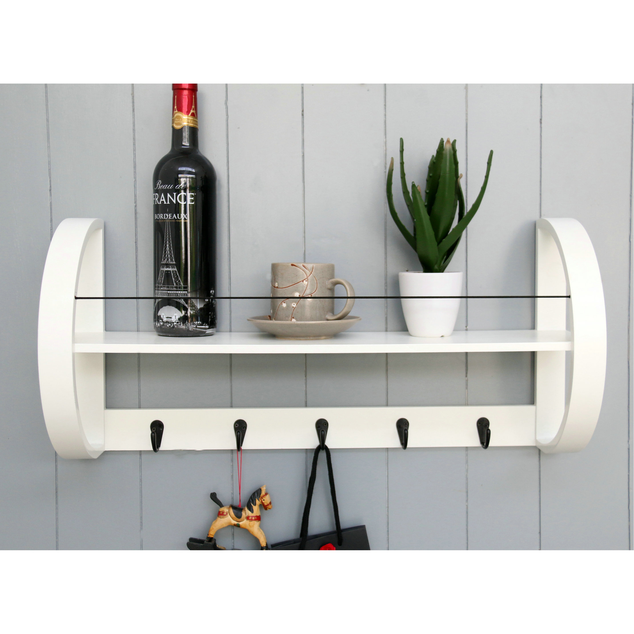 FU-21364 Wood shelf with hooks 60x16.5x28cm