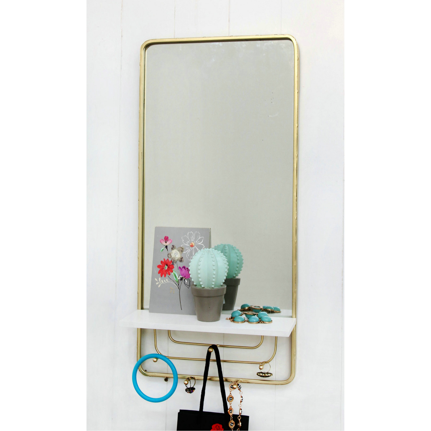 FU-21750  Metal mirror with shelf and hooks 28x60x11cm