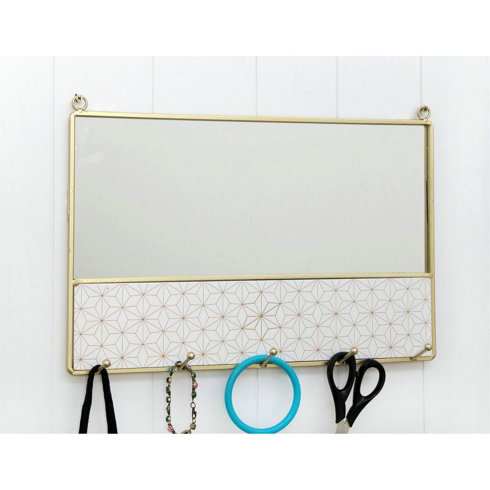 FU-22076  Wire jewellery holder with mirror and hooks 40x27x5.5cm