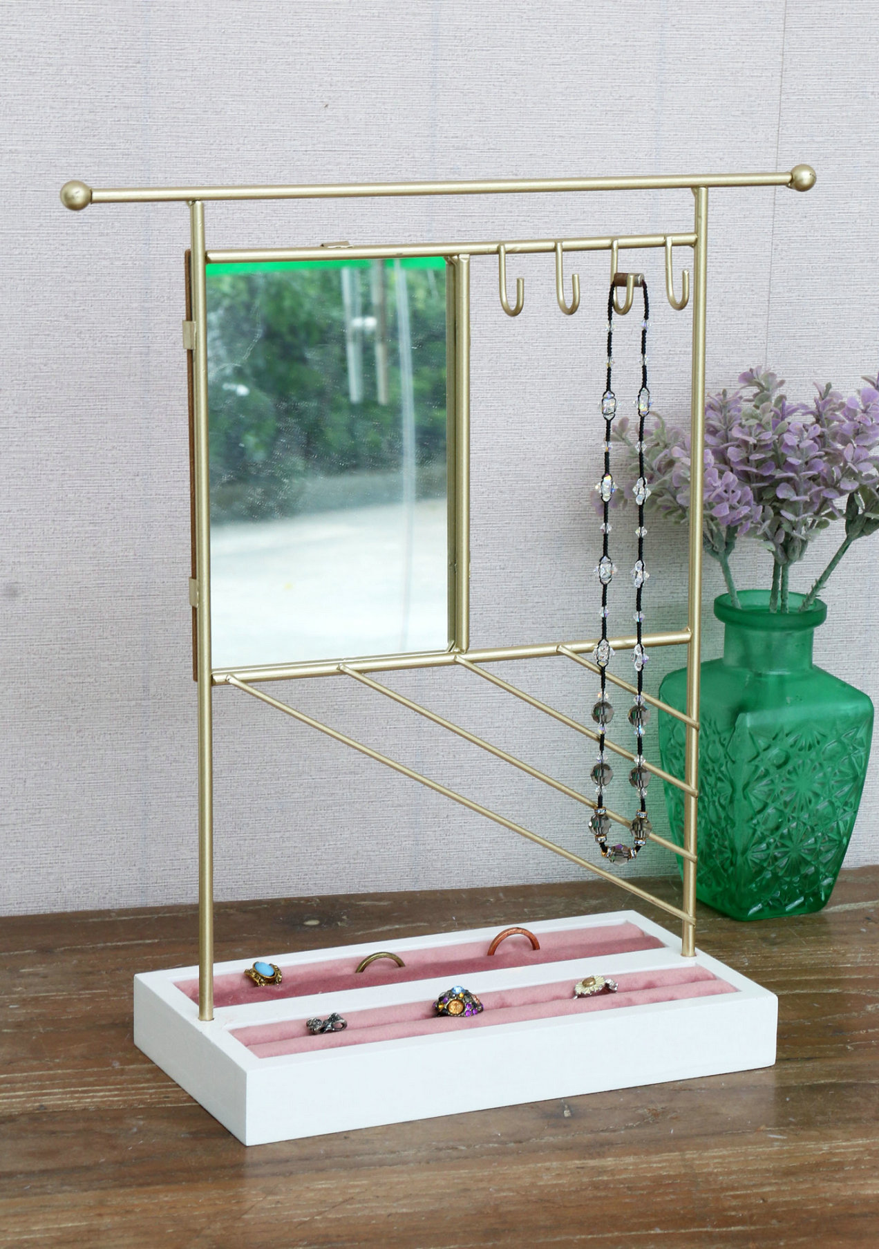 FU-23520  Wooden base jewellry holder with rectangle mirror   20x10.5x34.